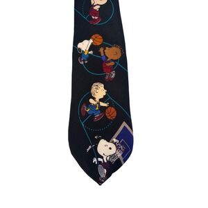Peanuts Snoopy Basketball Necktie 1990s Black 100% Silk Vintage Comic Novelty
